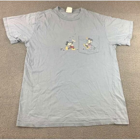 Vintage 90s Disney Store T Shirt Men M Blue Mickey Mouse Graphic Pocket Crewneck - Picture 1 of 10
